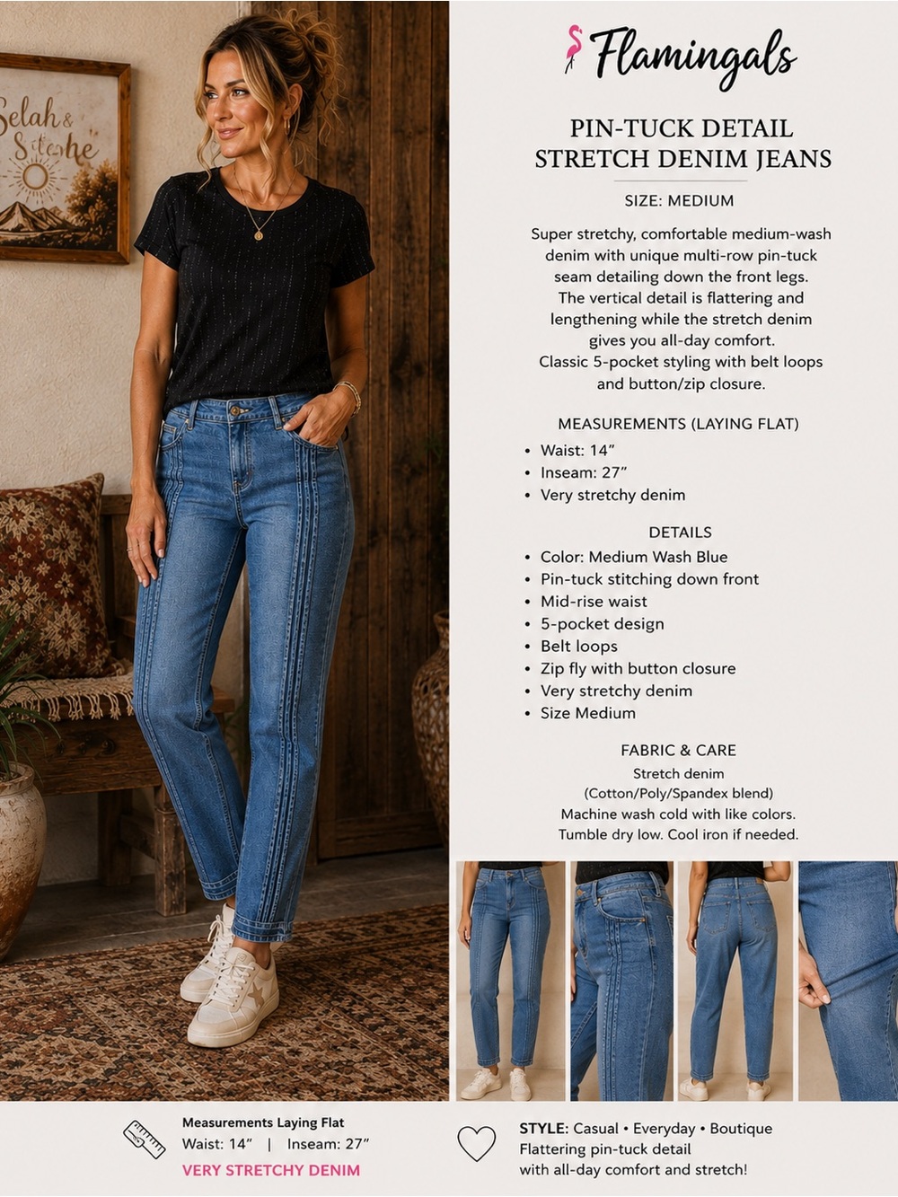 Flamingals Pin-Tuck Stretch Denim Jeans - Medium Wash Blue